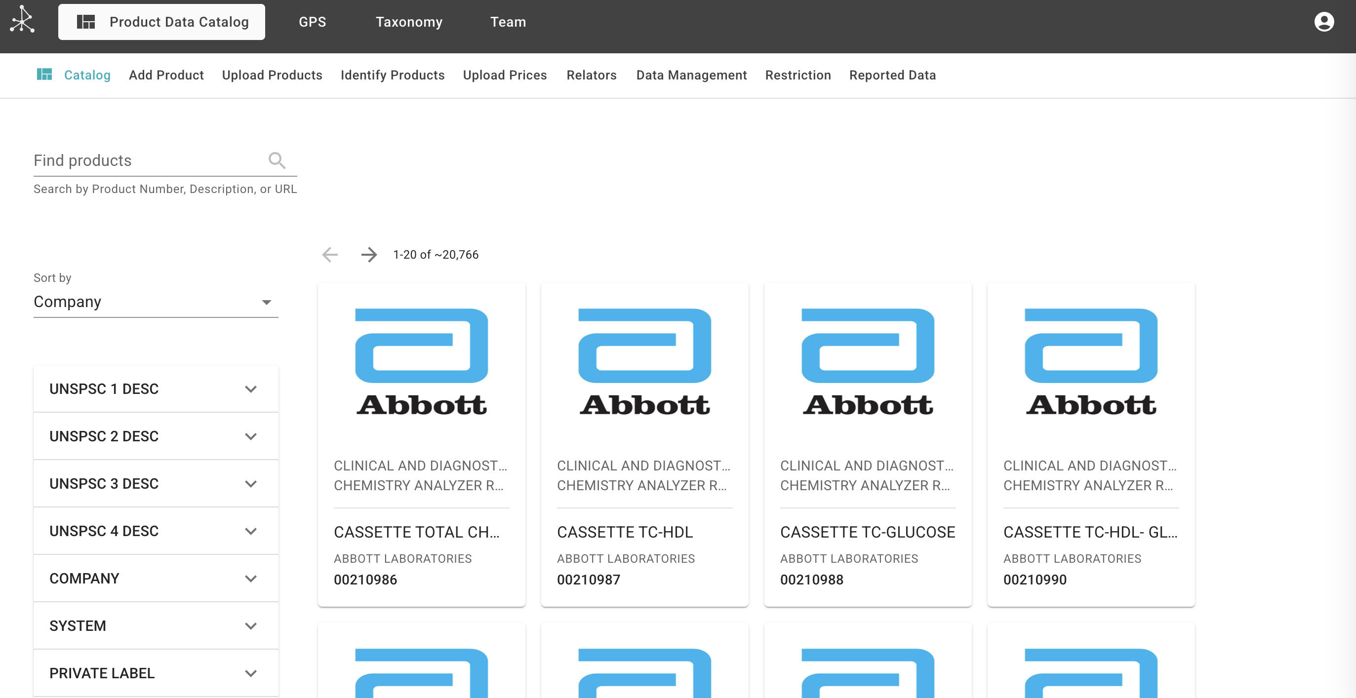Product Data Catalog interface showing centralized competitive intelligence